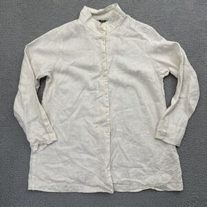 Flax Button Up Long Sleeve Tunic Top Ivory Metallic Linen Lagenlook Women Medium